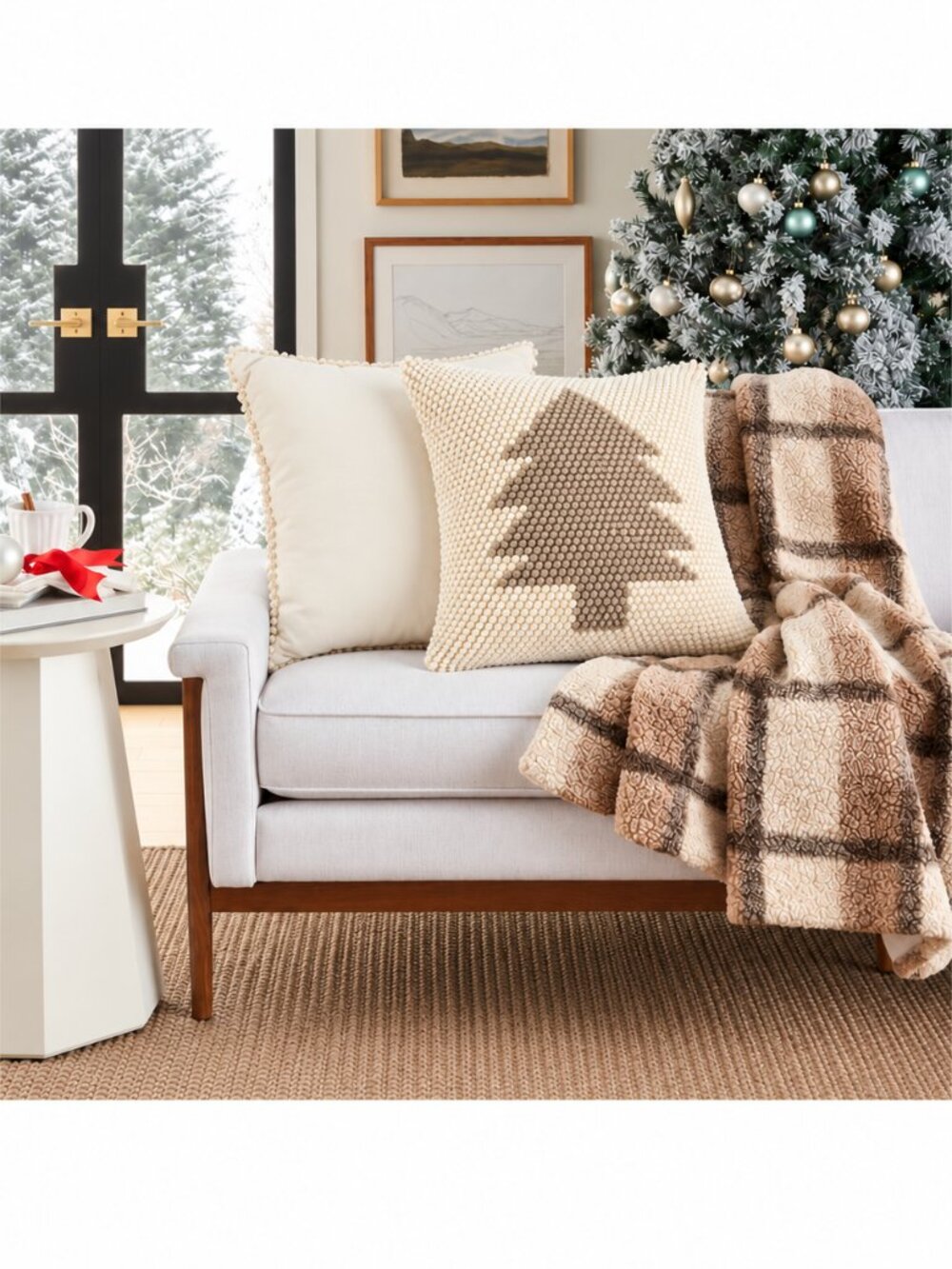 Mina Victory Christmas Tree Pillow Ivory Beige 22x22 Textured Holiday Decor NWT